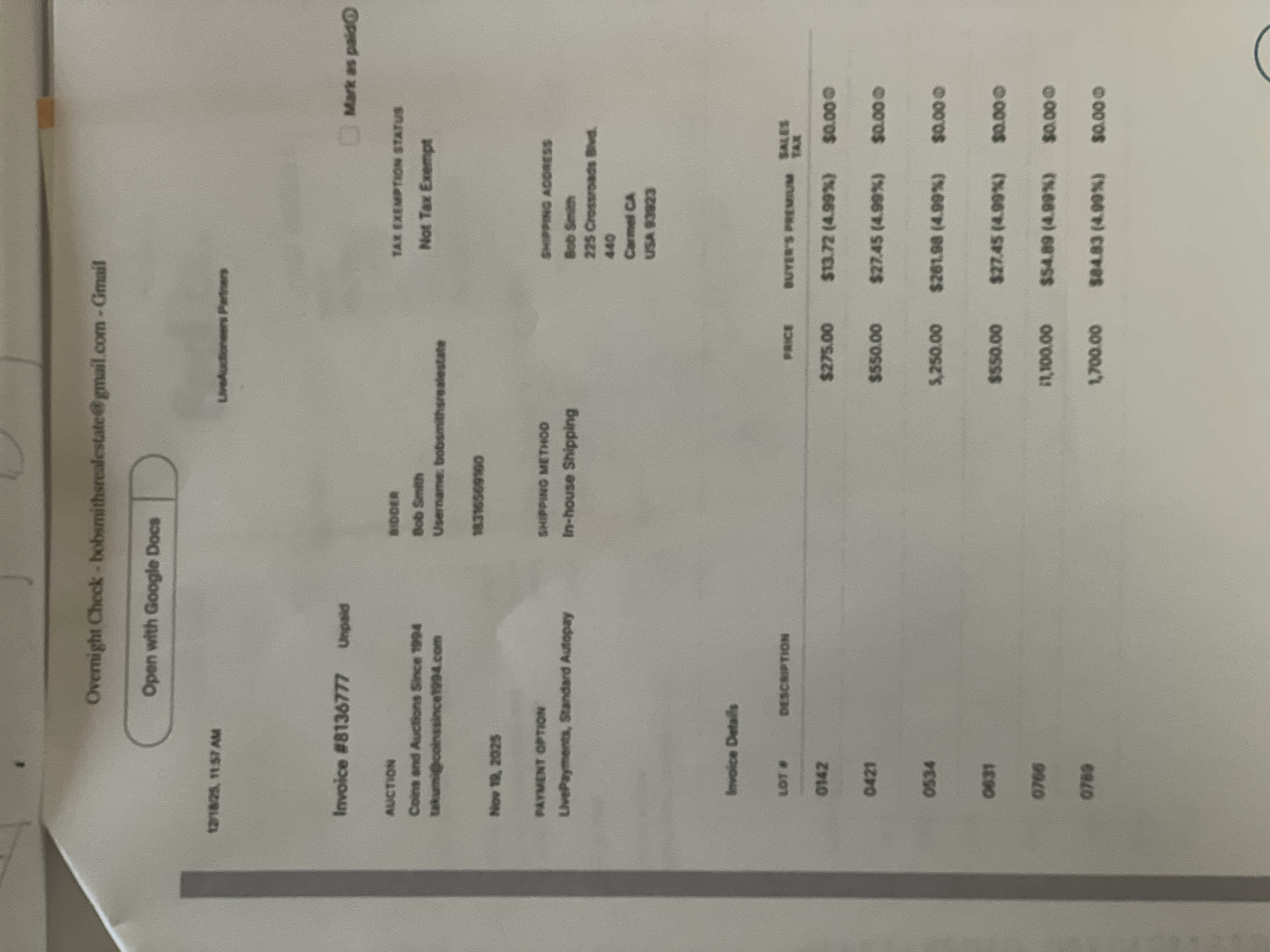 LiveAuctioneers Invoice #8136777
