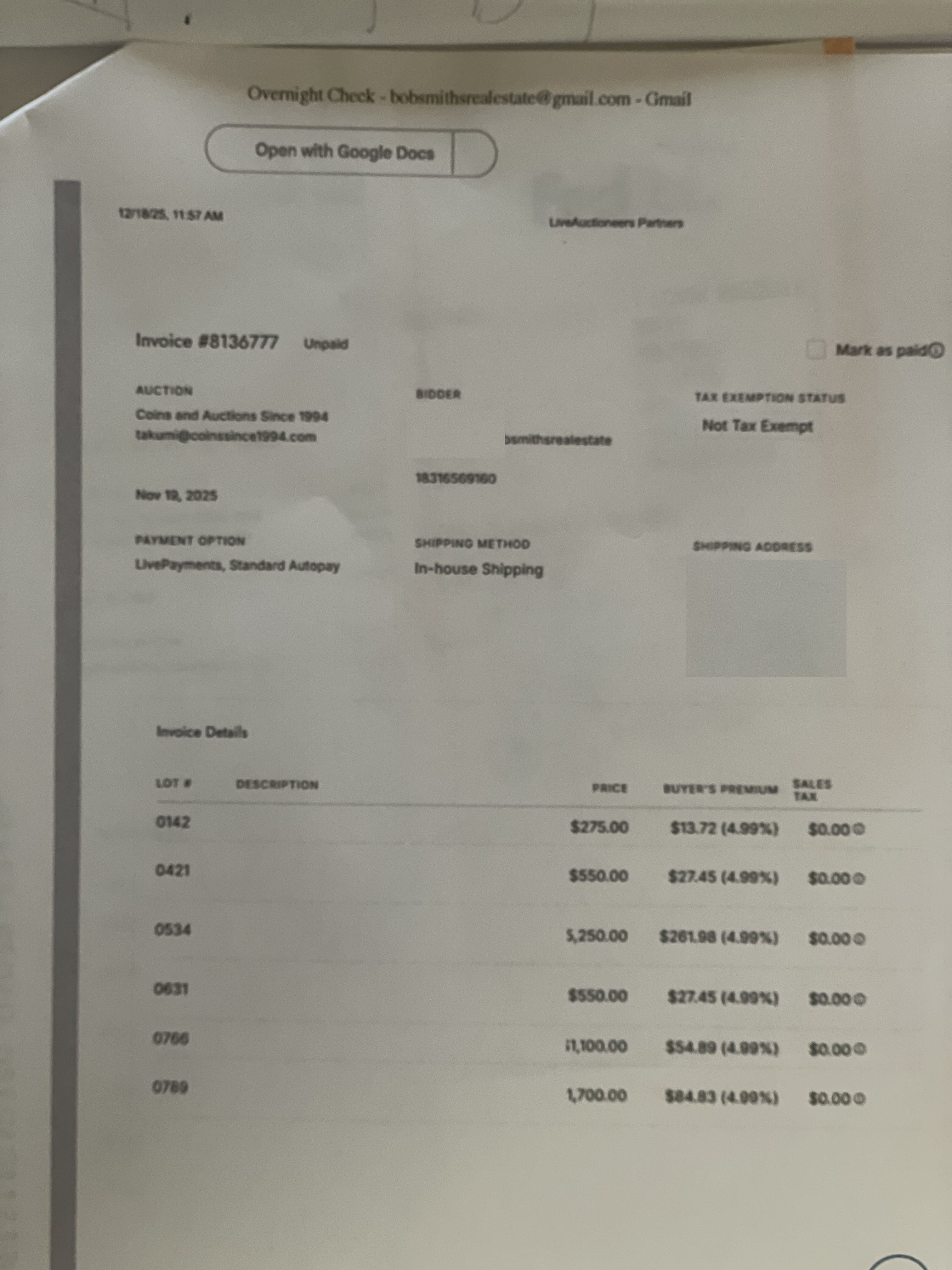 LiveAuctioneers Invoice #8136777
